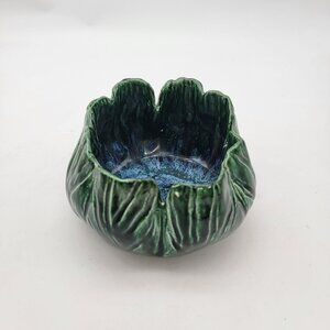 Vintage Majolica Pottery Green Leaf Shaped Bowl
